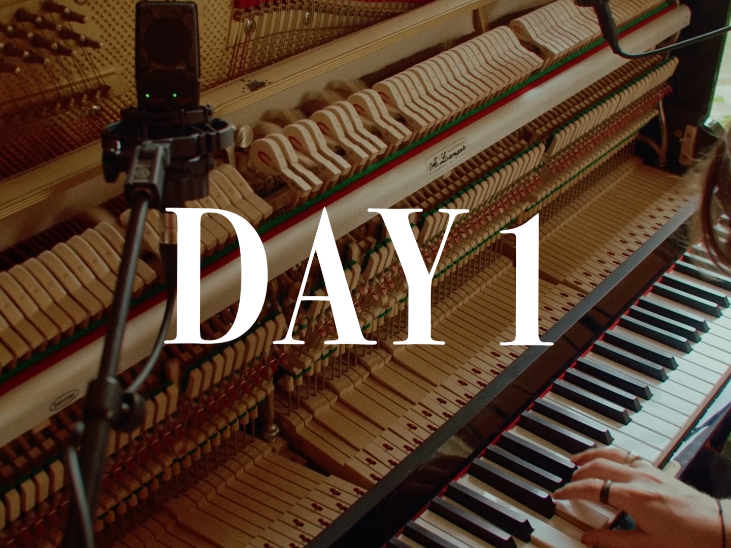 Inside the piano on Day 1 of recording — the close-mic'd hammers, with 'DAY 1' overlaid